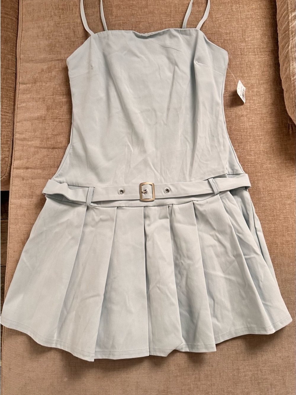 bebe Pale Blue Pleated Sun Dress with Belt
